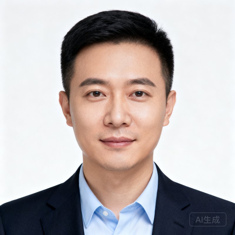 星空体育创始人兼CEO陈宇的正面商务肖像照，身穿深色西装搭配浅蓝衬衫，背景为简约白色，神情自信沉稳